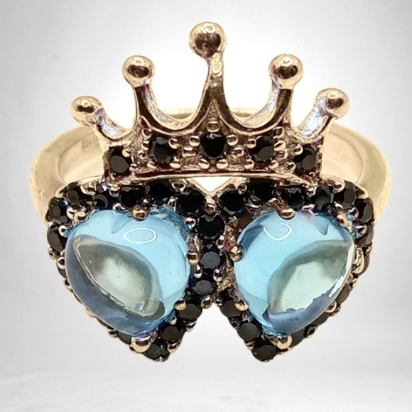 HKJ Jewelry - 14K & Sterling Silver Blue Topaz & Black Spinel "Moí et Toí" Antique Design Ring